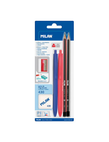 Blister Avec 2 Stylos P1 (BLEU/ROUGE), 2 Crayons Graphite Hb Yh, Caoutchouc 430 Et Taille-Crayon Milan Couleurs / Modèles Assort