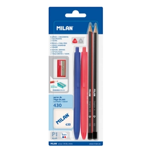 Blister Avec 2 Stylos P1 (BLEU/ROUGE), 2 Crayons Graphite Hb Yh, Caoutchouc 430 Et Taille-Crayon Milan Couleurs / Modèles Assort