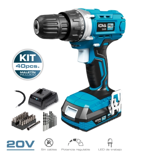 Kit Perceuse Visseuse Avec 40 Accessoires 20v Avec Batterie Et Chargeur Koma Tools