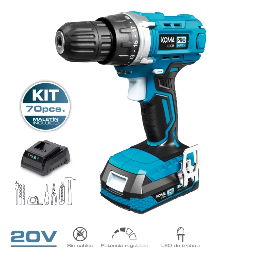 Kit Perceuse Visseuse Avec 70 Accessoires 20v Avec Batterie Et Chargeur Koma Tools.