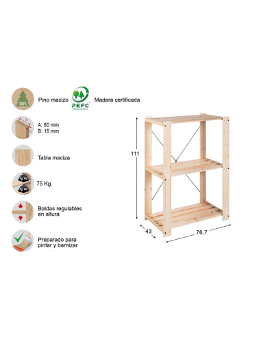 Étagère Doublée Evolution 3 111x76,7x43cm Pin Plein Astigarraga