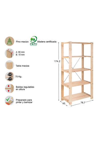 Étagère Doublée Evolution 5 175x76,7x43cm Pin Plein Astigarraga
