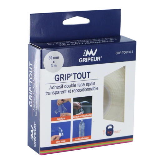 Adhésif double face grip'tout 3m x 30mm transparent - OUTIFRANCE