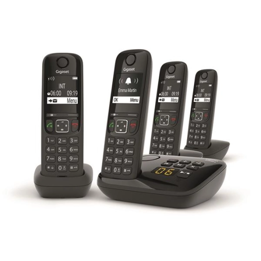 Sans fil - Répondeur 20 min. - Ecran rétroéclairé blanc 2'' - Mains-libres son HSP- 100 contacts - + 3 combinés - Noir - GIGASET