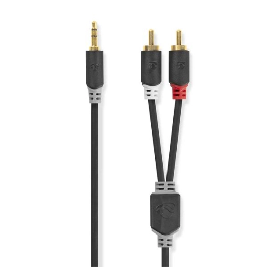 Câble audio stéréo 3.5 mm Mâle 2x RCA Male Plaqué or 1.00 m Rond Anthracite Boite avec Fenêtre - NEDIS
