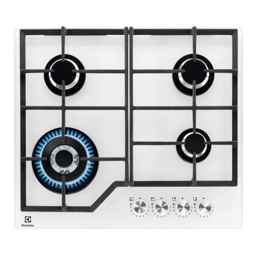 Dessus verre-4 f gaz dt 1 multicouronne 3,9 kW-All 1 main-StepPower-Grilles fonte-Cdes front.-Blanc - ELECTROLUX