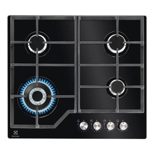 Dessus verre-4 f gaz dt 1 multicouronne 3,9 kW-All 1 main-StepPower-Grilles fonte-Cdes front.-Noir - ELECTROLUX