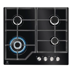 Dessus verre-4 f gaz dt 1 multicouronne 3,9 kW-All 1 main-StepPower-Grilles fonte-Cdes front.-Noir - ELECTROLUX