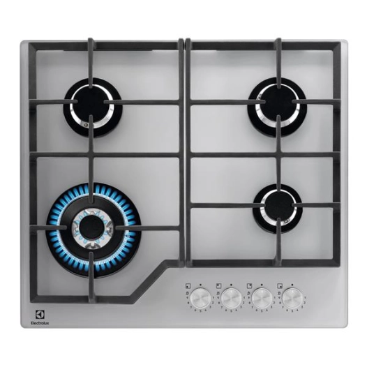 Dessus verre-4 f gaz dt 1 multicouronne 3,9 kW-All 1 main-StepPower-Grilles fonte-Cdes front.-Silver - ELECTROLUX