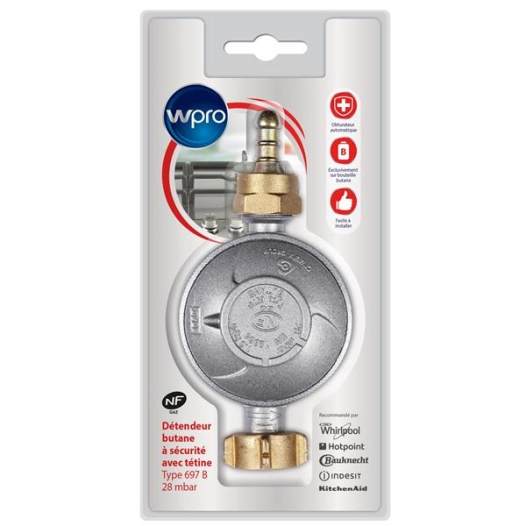 Détendeur avec obturateur automatique intégré pour gaz butane avec tétine amovible pression 28mbar - WPRO