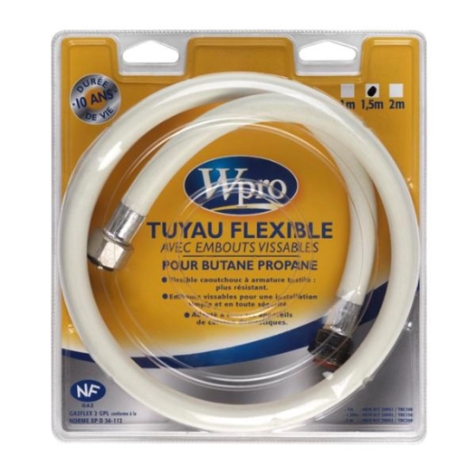 Tuyau de gaz caoutchouc 10 ans : butane/propane, longueur 1,5m, embouts vissés. - WPRO