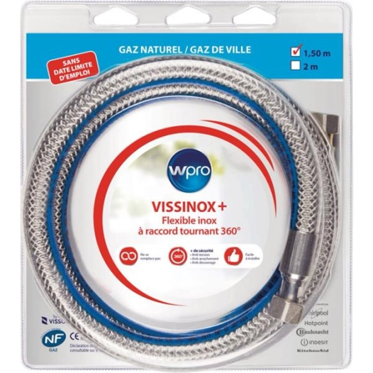 Flexible gaz VISSINOX+ : pour gaz naturel longueur 1m50. Sans date limite d'emploi. AVEC RACCORD TOURNANT. - WPRO