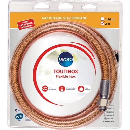 Flexible de gaz TOUTINOX : butane/propane, longueur 2m, sans date limite d'emploi. - WPRO