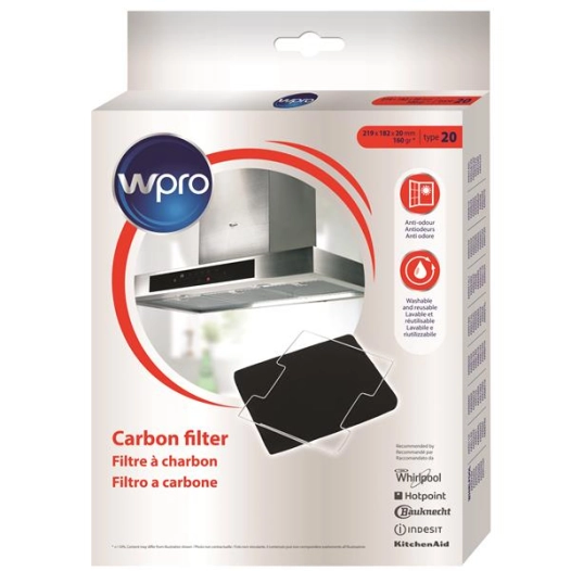 Filtre de hotte à charbon Type 20 160 g/m² - dim 220x180x20 mm - lavable au lave-vaisselle et réutilisable pendant 3 ans - WPRO