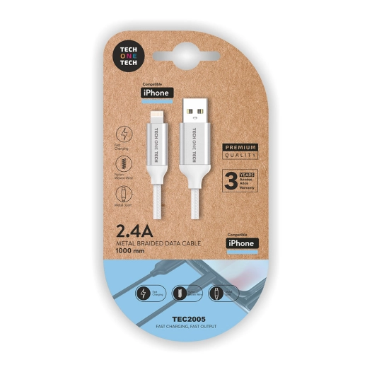 Câble Nylon Blanc (USB-A Vers Lightning/Apple) 1m 2a Tech One Tech - TECH ONE TECH