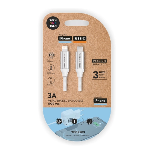 Cable Pd Blanc (USB-C Vers Lightn/Apple)Nylon,1m 3a Tech One Tech - TECH ONE TECH
