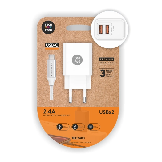 Chargeur Double Blanc+Cable Nylon Usb-C 24a Tech One Tech - TECH ONE TECH