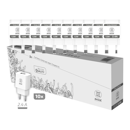 Pack Économique De 10 Chargeurs Blancs Basik 2,4a (USB-A) Tech One Tech - TECH ONE TECH