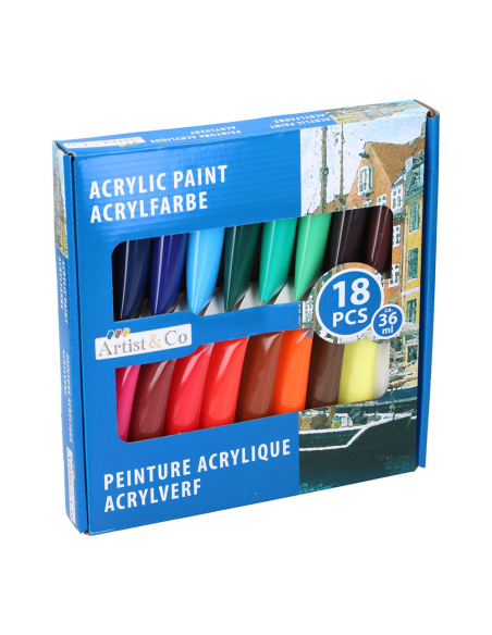Lot 18 Peintures Acryliques Artist&Co Séchage rapide, couleurs vives, polyvalent - ARTIST&CO