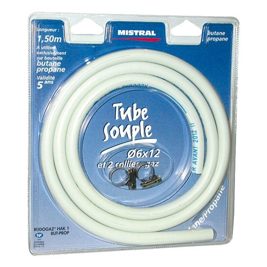 Tuyau gaz butane propane - D: 6 mm - 1,5 m + 2 colliers - MISTRAL GAZ