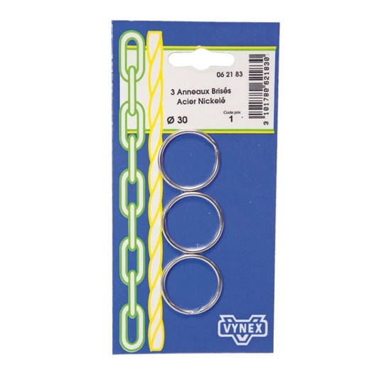 Anneau brisé nickelé d.30mm blister de 3. - VYNEX