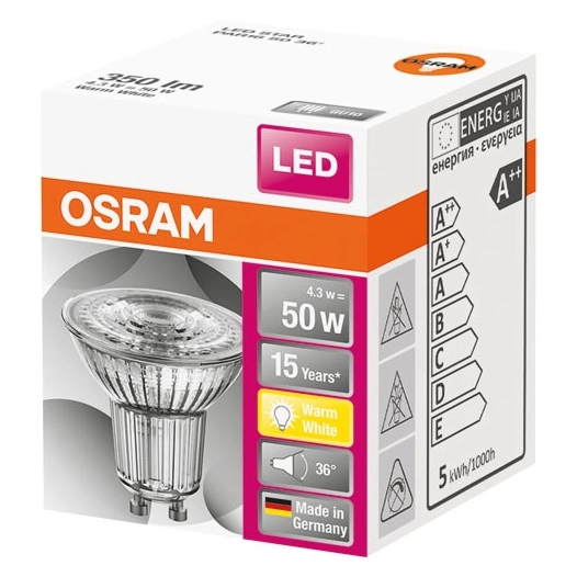 Spot par16 led 36 verre 4.3w gu10 chaud boite 1 - OSRAM