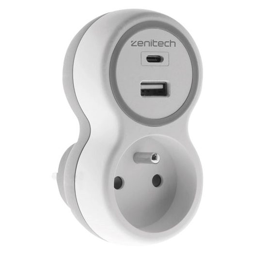 Prise 16A + 2 chargeurs USB A et C blanc gris - ZENITECH