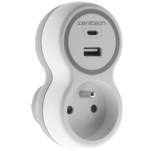Prise 16A + 2 chargeurs USB A et C blanc gris - ZENITECH
