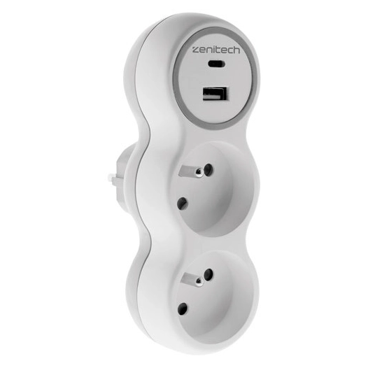 Biplite 16A + 2 chargeurs USB A et C blanc/gris - ZENITECH
