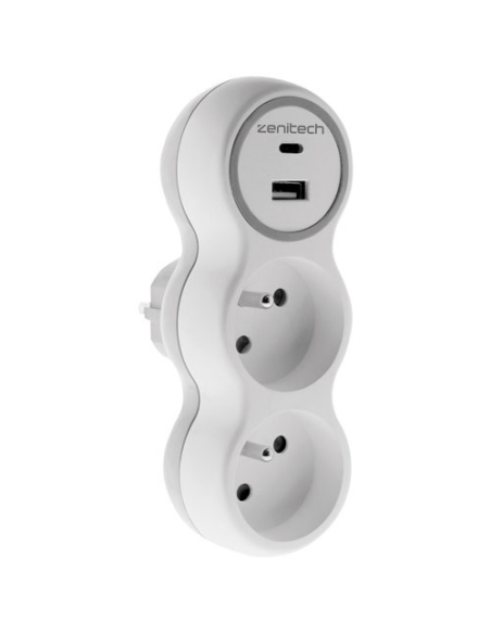 Biplite 16A + 2 chargeurs USB A et C blanc/gris - ZENITECH