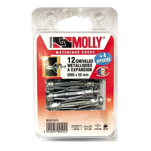 Cheville molly 5x50mm+vis m5 c/16 coque - MOLLY