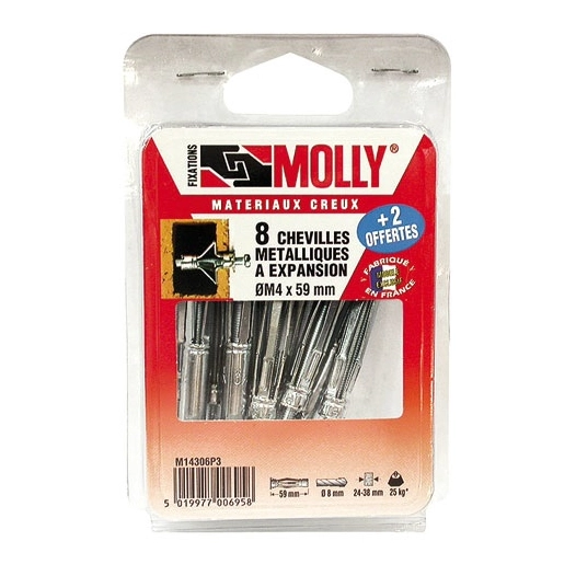 Cheville molly 6x34mm+vis m6 c/10 coque - MOLLY