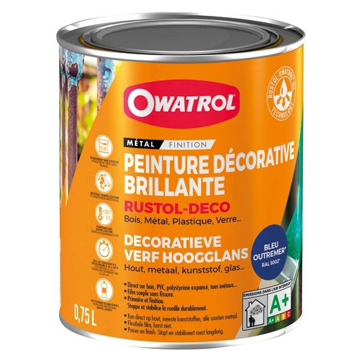 Peinture Durieu rustol deco antirouille 0.75l bleu outremer ral 5002 - OWATROL