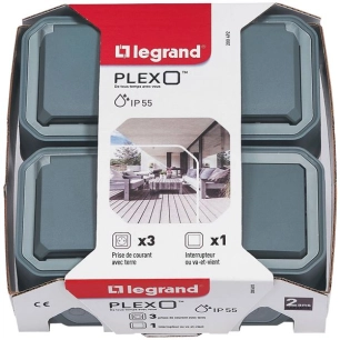 Plexo gris complet lot de 3 prises 2p+t et 1 interrupteur - LEGRAND
