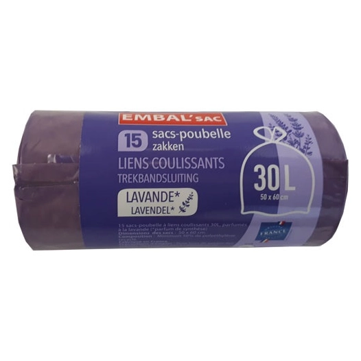 Sac poubelle parfum lavande lien coulissant 30L x 15 sacs - EMBAL SAC