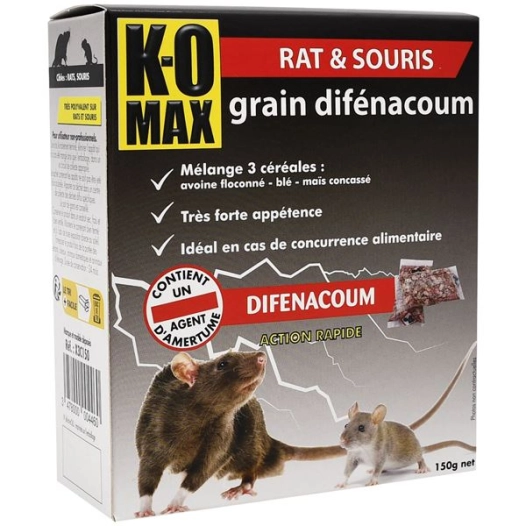 Komax Rats souris difenacoum mélange 3 céréales 150g - KOMAX
