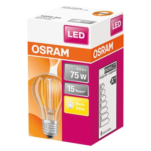 Ampoule led standard claire filament 8W75 E27 chaud - OSRAM