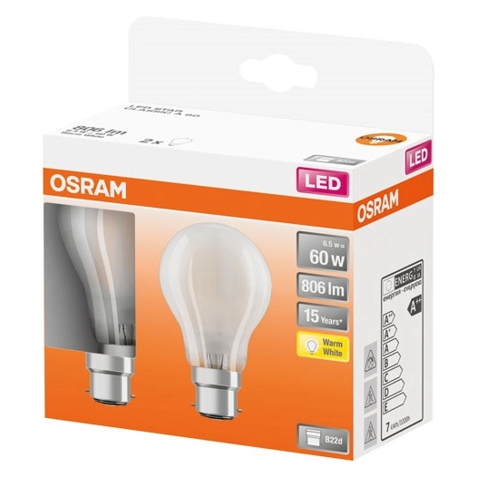 Led standard verre dépoli 6.5w b22 chaud boite de 2 - OSRAM