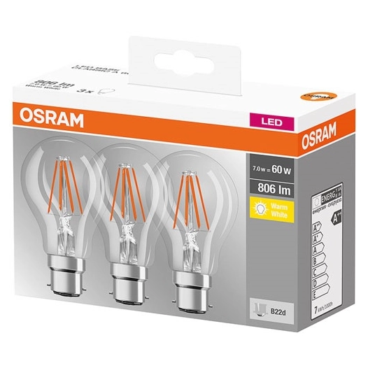 Led standard 7W B22 x 3 blanc chaud - boîte - OSRAM