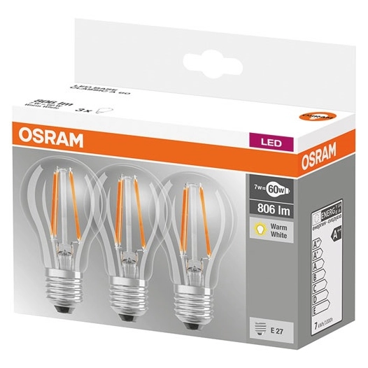 Led standard 7W E27 x 3 blanc chaud - boîte - OSRAM