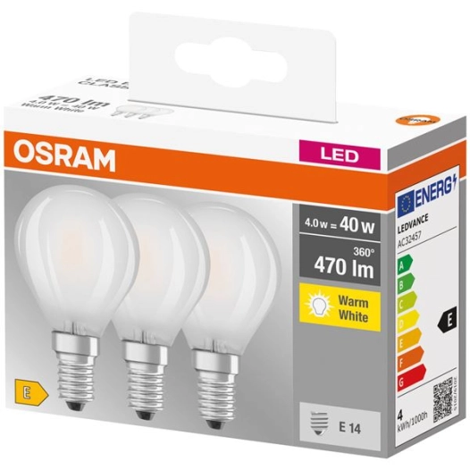 LED Sphérique Filament dépolie 4W40 E14 chaud BOITE X3 - OSRAM