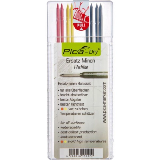 Etui de 8 mines, 4 graphite, 2 rouges, 2 jaunes pour porte-mines pica-dry