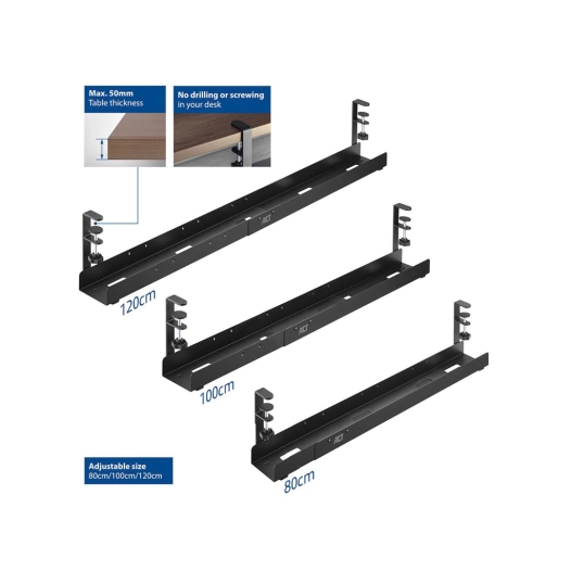 bac de gestion des câbles extensible sous le bureau avec fixation par pince