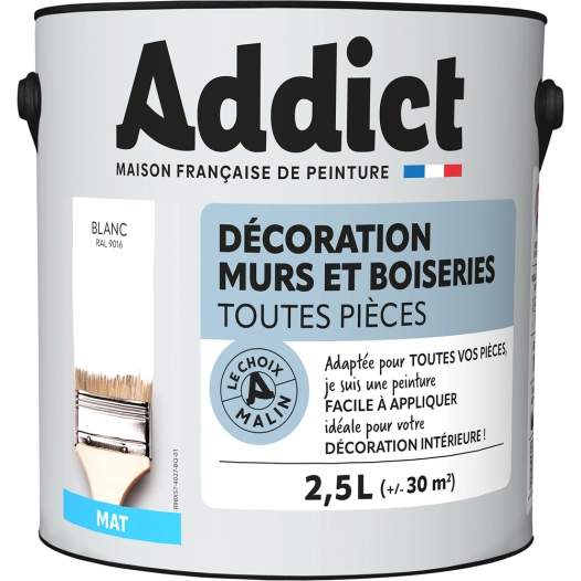 Peinture Décoration Murs et Boiseries Mat 2.5L - 180700 - Blanc - ADDICT