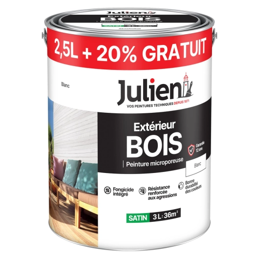 Peinture Extérieure Bois Microporeuse 2,5L +20%GRATUIT - 164083 - Blanc - JULIEN