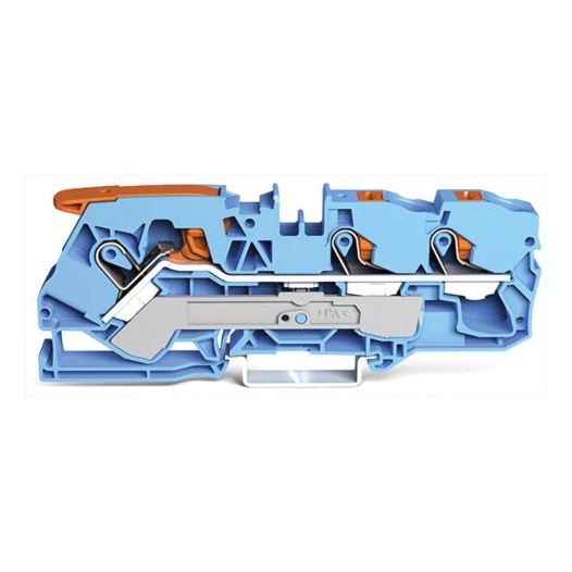 25 borne de passage à 3 conducteurs avec levier et bouton-poussoir 10 mm², bleu