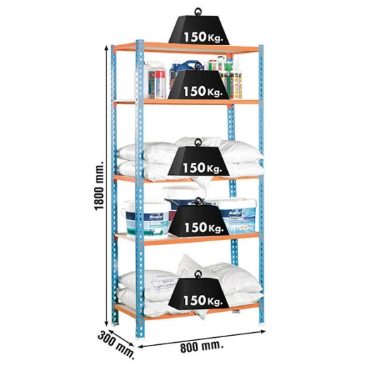 Etagère légère sans vis MADERCLICK MINI 5/300 BLEU/ORANG/BOIS BLEU/ORANGE/BOIS 1800x800x300 - SIMONRACK
