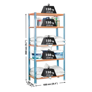 Etagère légère sans vis MADERCLICK PLUS 5/300 BLEU/ORANG/BOIS BLEU/ORANGE/BOIS 2000x1000x300 - SIMONRACK
