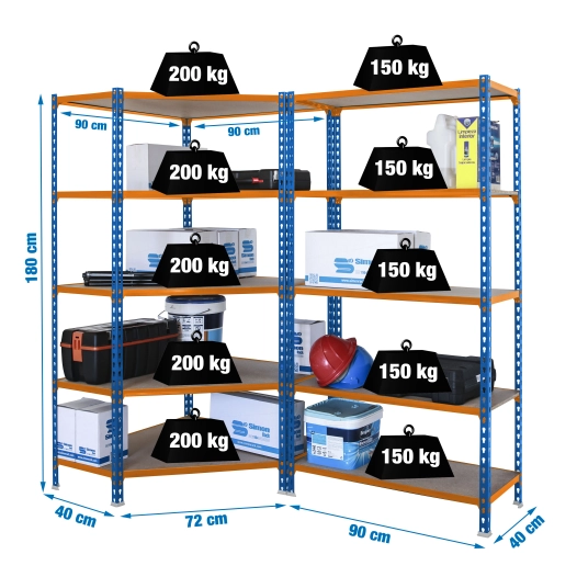 Etagère légère sans vis PACK MADERCLICK CORNER 5/400 + MADER 5/400 BLEU/ORANG/BOIS BLEU/ORANGE/BOIS 1800x1800x400 - SIMONRACK