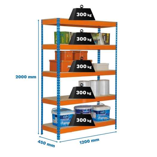 Etagère sans vis BRICOFORTE 1204-4 CHIPBOARD BLEU/ORANG/BOIS BLEU/ORANGE/BOIS 2000x1200x450 - SIMONRACK